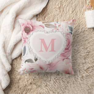 Coussin Blush Rose Fleur Pearl Coeur Monogramme 