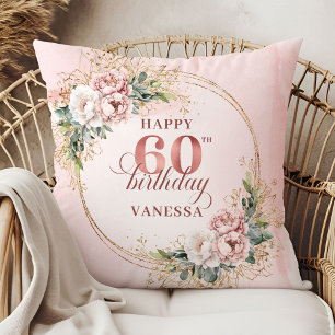 Coussin Blush Rose Joyeux 60e Anniversaire Fleurs scintill