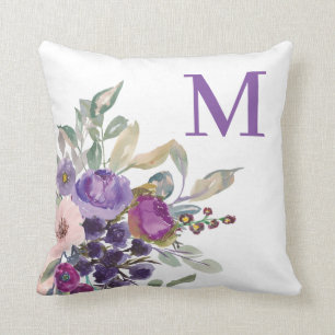 Coussin Blush rose violet monogramme floral aquarelle