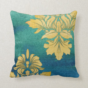Coussin Bohemian Desert BOHO Blue Gold Damask Feuilles Art