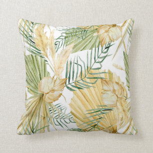 Coussin Boho Aquarelle Feuilles tropicaux et Pampas Grass