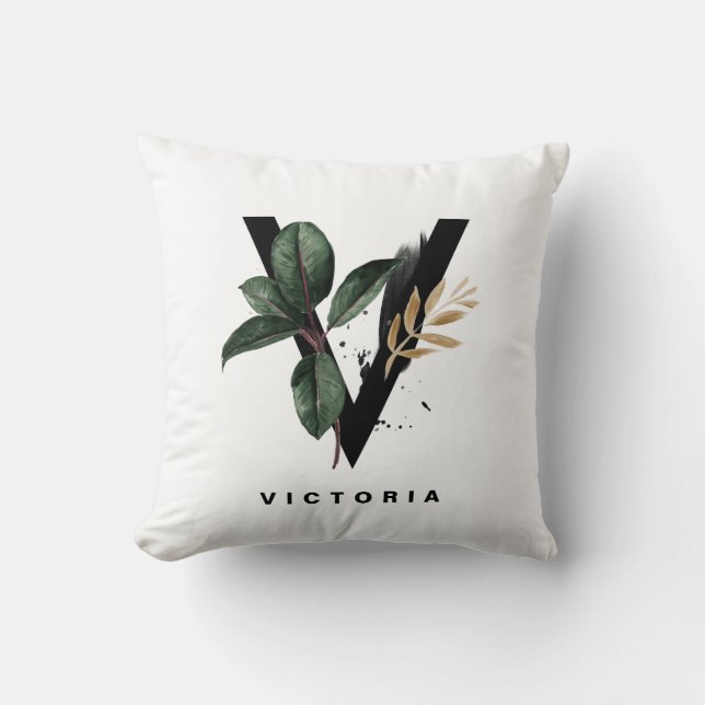 Coussin Boho Aquarelle Tropical Feuille Lettre V Monogramm (Recto)