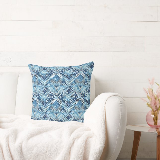 Coussin Boho Bleu Blanc Coeurs Floraux Abstraits (Canapé)