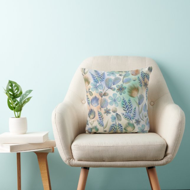 Coussin Boho bleu vert floral botanique fantaisiste (Chaise)