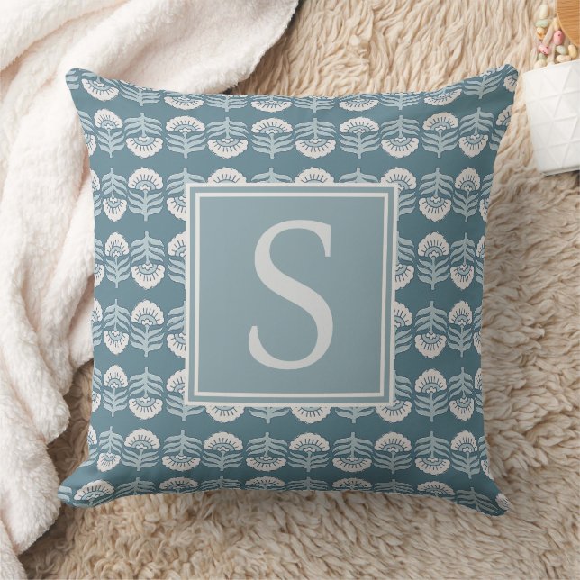 Coussin Boho Blue Floral Monogram Cushion (Couverture)