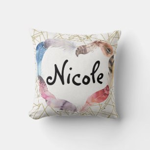 Coussin Boho Bohème Plumes Cœur Or Géométrique Moderne