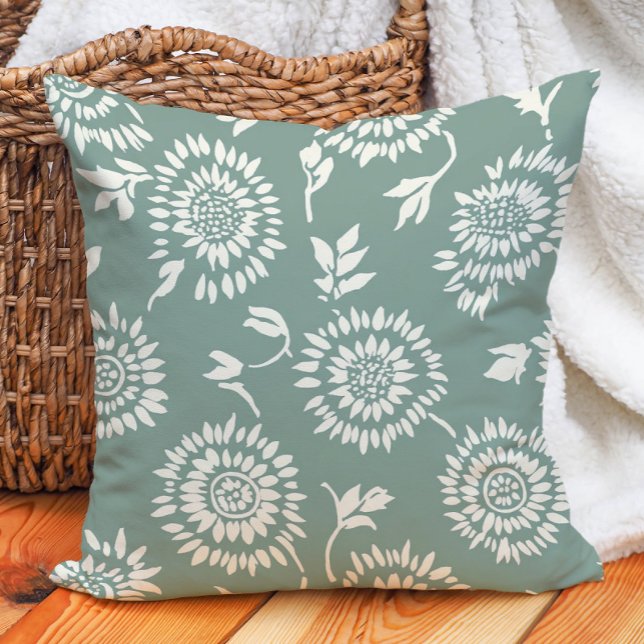 Coussin Boho Botanique Sage Green Cream Tournesols (Boho Botanical Sage Green Cream Sunflowers Throw Pillow)