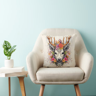 Coussin Boho Cerf Fleurs Colorées