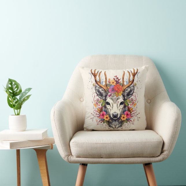 Coussin Boho Cerf Fleurs Colorées (Chaise)