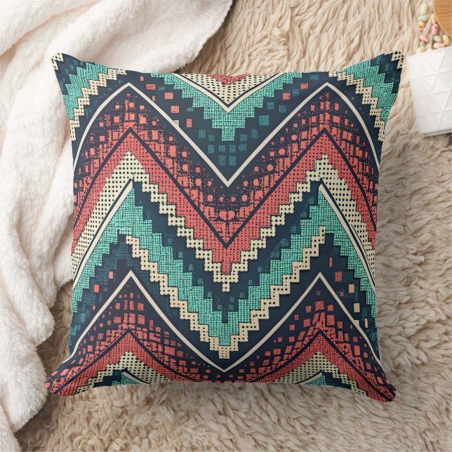 Coussin Boho Chevron Motif | Zigzag turquoise, corail et c (Couverture)
