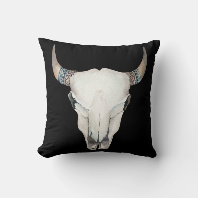 Coussin Boho Chic Vache Crâne et cornes Ferme Pays Chic (Recto)