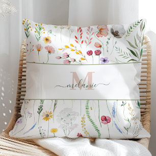 Coussin Boho Coloré Fleur sauvage Nom du script Monogramme