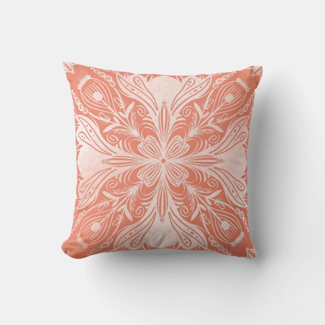 Coussin Boho Coral and White Mandala Thlow (Recto)