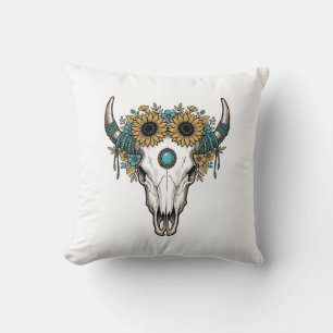 Coussin Boho Crâne de Taureau Tournesol Vintage Gravure We