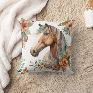 Coussin Boho de cheval d'aquarelle chute feuilles floraux