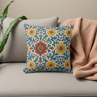 Coussin Boho d'été fleuri bleu et blanc toscan