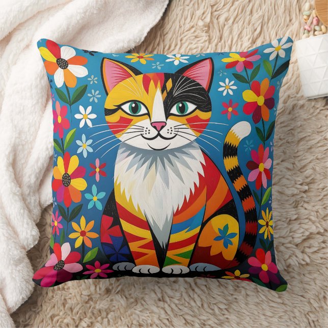 Coussin Boho Folk Art Cat, Flowers & Butterfly   (Couverture)