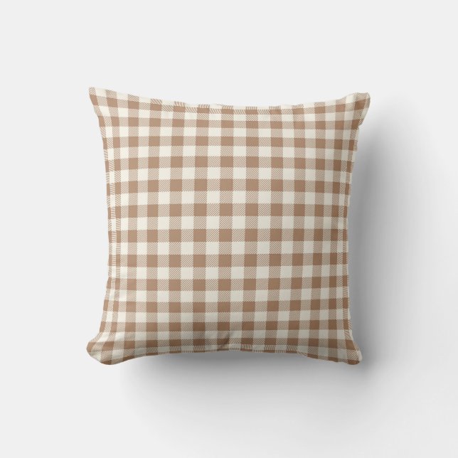 Coussin Boho Gingham Pattern Plaid Checkered Tan Brown (Recto)