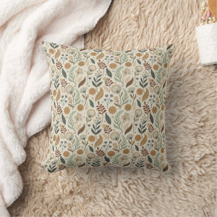 Coussin Boho Leaves Botanique Marron Vert Terracotta Beige