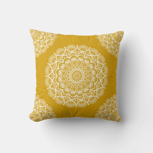 Coussin Boho Mustard Yellow Mandala (Recto)