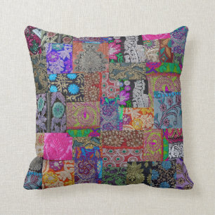Coussin Boho Patchwork, anciens swatts sari