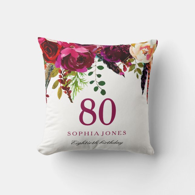 Coussin Boho rose et bordeaux Floral 80e anniversaire Cade (Recto)