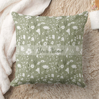 Coussin Boho Sage Green Floral Wildflowers Personalized