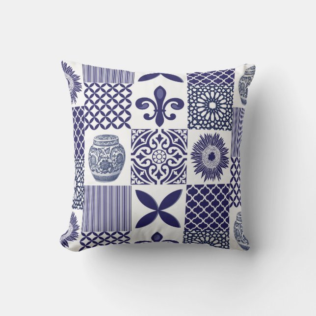 Coussin Boho Shabby Chic Sunflowers et carreaux marocains (Recto)
