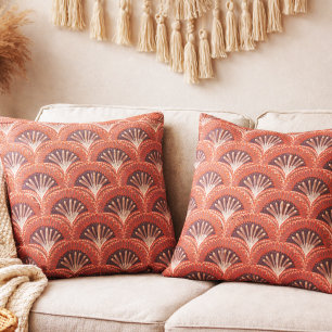 Coussin Boho Terracotta Tropical Éventail Imprimé Coquille