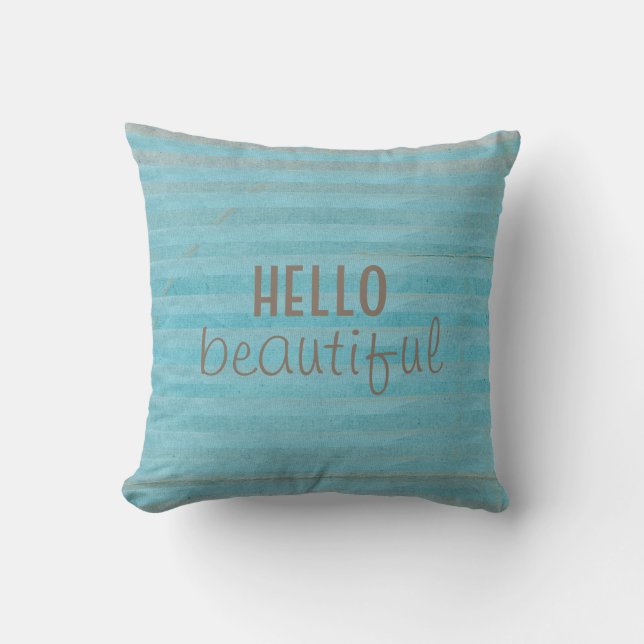 Coussin Boho Turquoise rayé Avec manuscrit Bonjour Belle (Recto)
