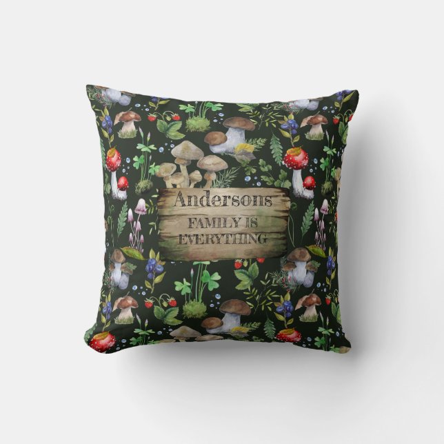 Coussin Bois Aquarelle Champignons Plantes verts Berries (Recto)