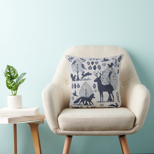 Coussin Bois Bleu et blanc Renard animal Bird Silhouette (Chaise)
