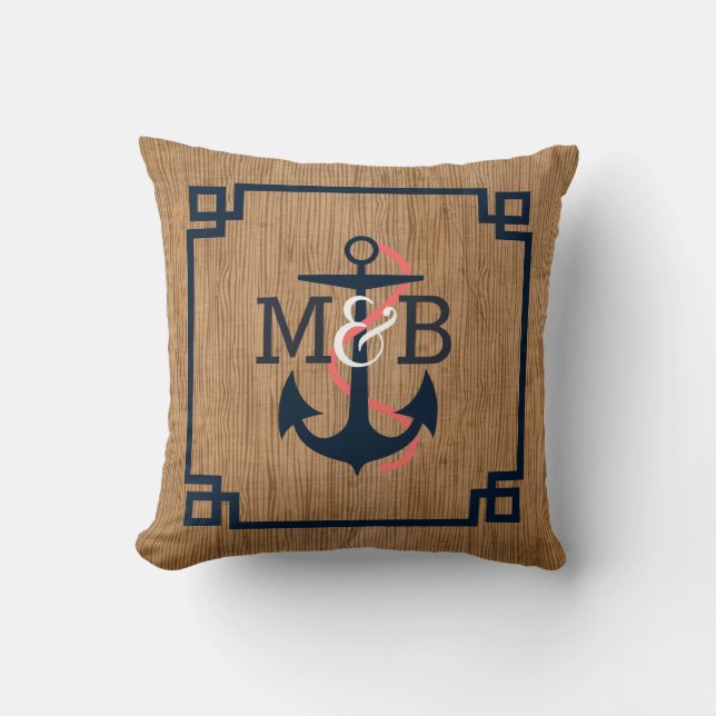 Coussin Bois Brown Bleu Bateau nautique Ancre et cadre (Recto)