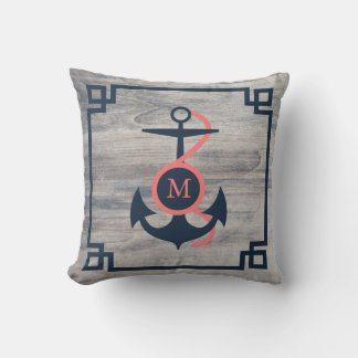 Coussin Bois rustique & Bleu foncé & Ancre de bateau de co