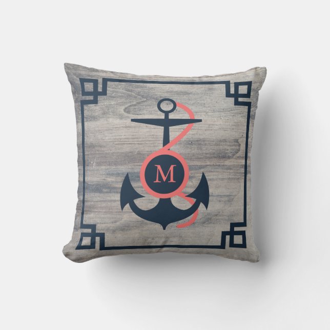 Coussin Bois rustique & Bleu foncé & Ancre de bateau de co (Recto)