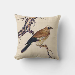 Coussin Boiseries japonaises d'un Finch, Brown et beige