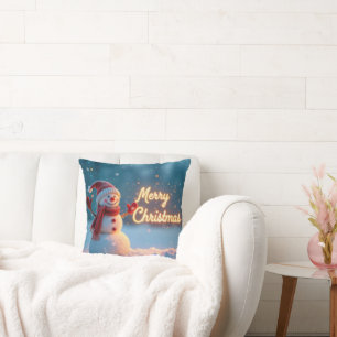 Coussin Bonhomme de neige joyeux Noël avec enseigne au néo
