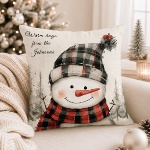 Coussin Bonhomme de neige personnalisé Noël avec nom de fa