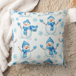 Coussin Bonhommes de neige joyeux et flocons de neige bleu