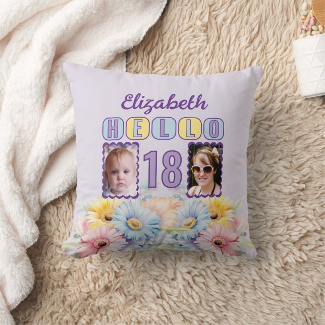 Coussin Bonjour 18 nom 2 photos gerbera fleurs violet (Couverture)