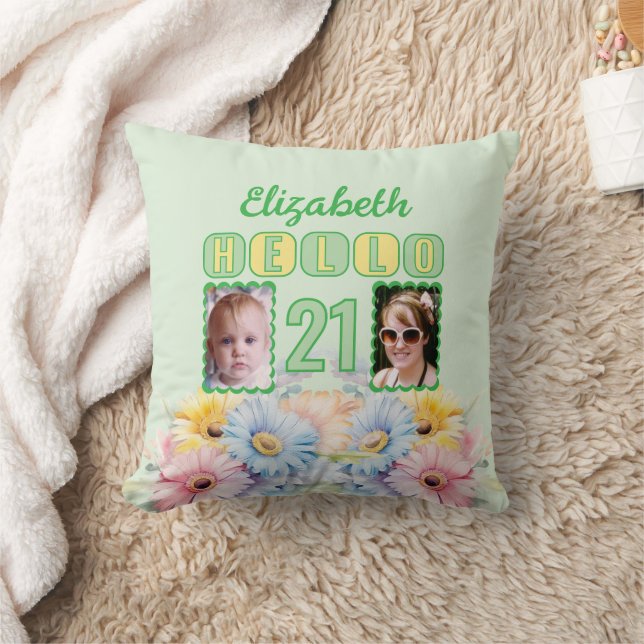 Coussin Bonjour 21 nom 2 photos gerbera fleurs vert (Couverture)