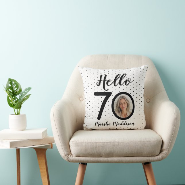 Coussin Bonjour 70 points noirs et blancs Photo et nom Ann (Chaise)