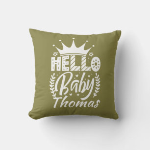 Coussin Bonjour bébé avec Couronne & Nom Olive Green
