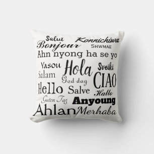 Coussin Bonjour dans différentes langues Mot Art Jeter Ore