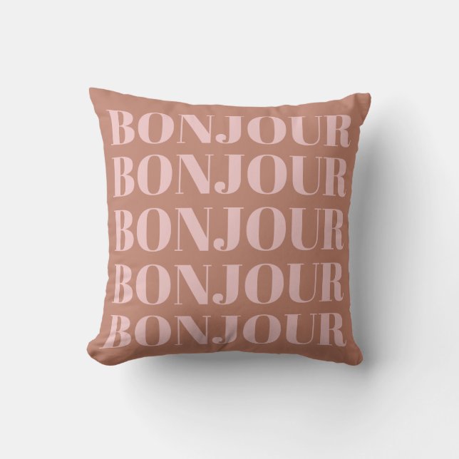 Coussin Bonjour | Typographie française Terracotta et Blus (Recto)
