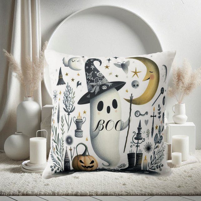 Coussin Boo Halloween Ghost Stars Nuit Demi Lune Jack Fun (Boo Halloween Ghost Stars Night Half Moon Jack Fun Throw Pillow)