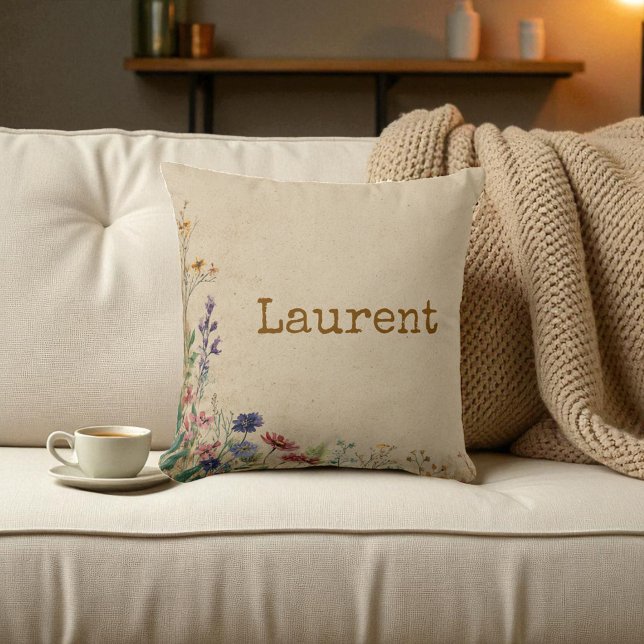 Coussin Bordure beige Fleur sauvage Boho rustique (Beige Border Rustic Boho Wildflower Throw Pillow)