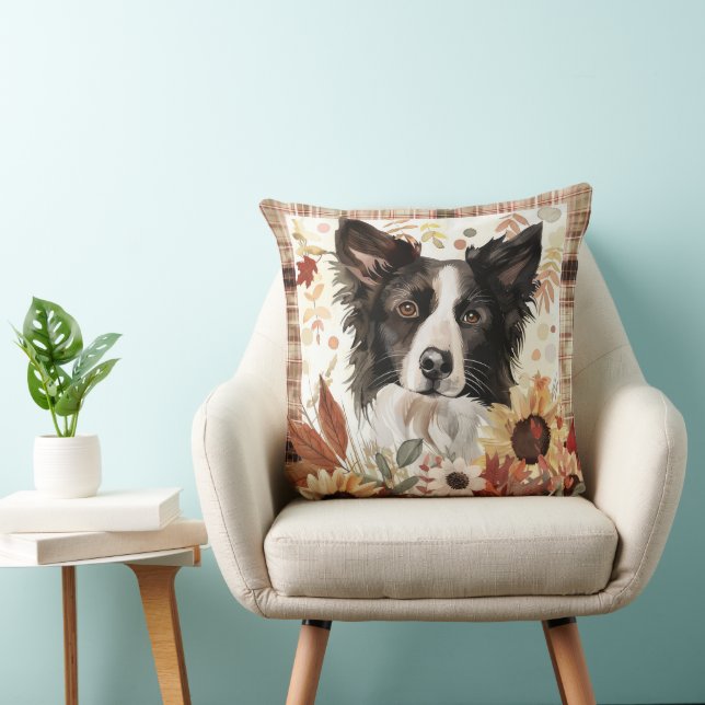 Coussin Bordure Collie Chien Automne Aquarelle Fleurs (Chaise)