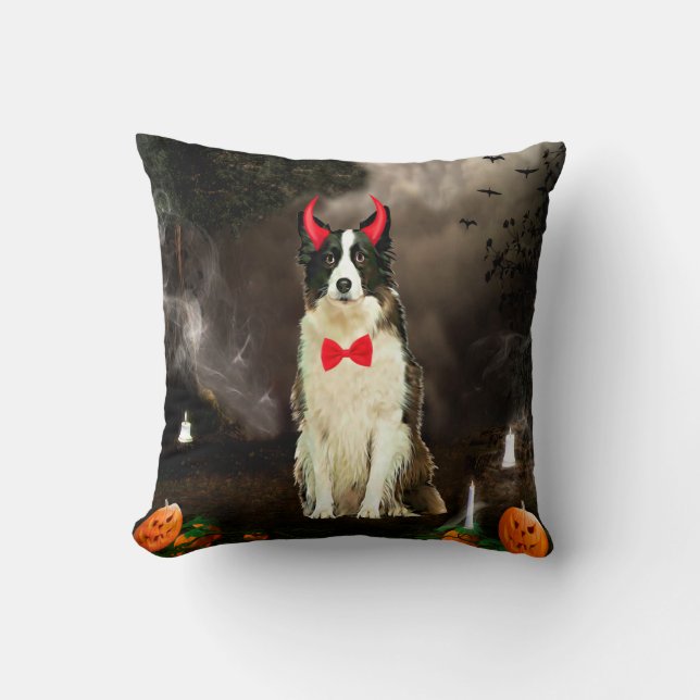Coussin Bordure Collie Chien dans le costume d'Halloween (Recto)