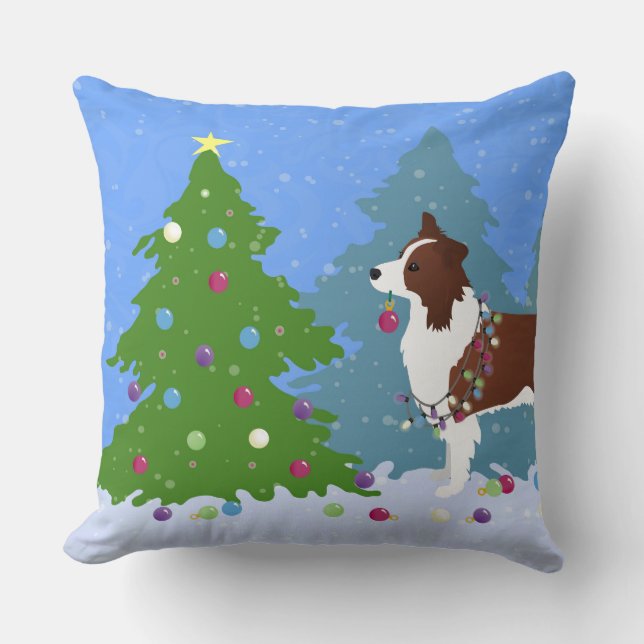 Coussin Bordure Collie Chien Décoration Arbre de Noël (Recto)